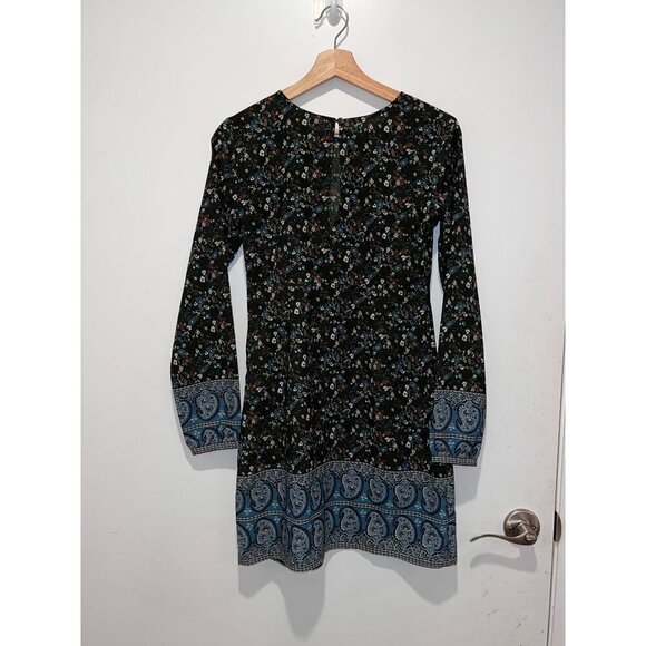 Abercrombie & Fitch Black & Blue Floral Long Sleeve Tunic Border Women's Dress S - Picture 5 of 10